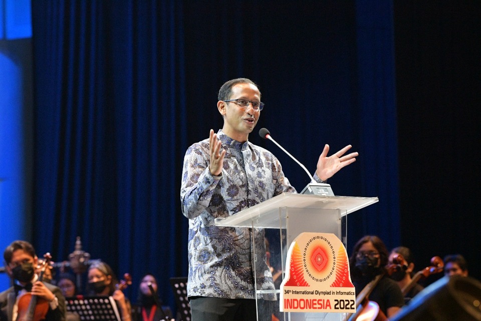 Menteri Pendidikan, Kebudayaan, Riset, dan Teknologi (Mendikbudristek), Nadiem Anwar Makarim, pada pembukaan International Olympiad in Informatics (IOI) 2022, di Yogyakarta, Selasa 9 Agustus 2022.