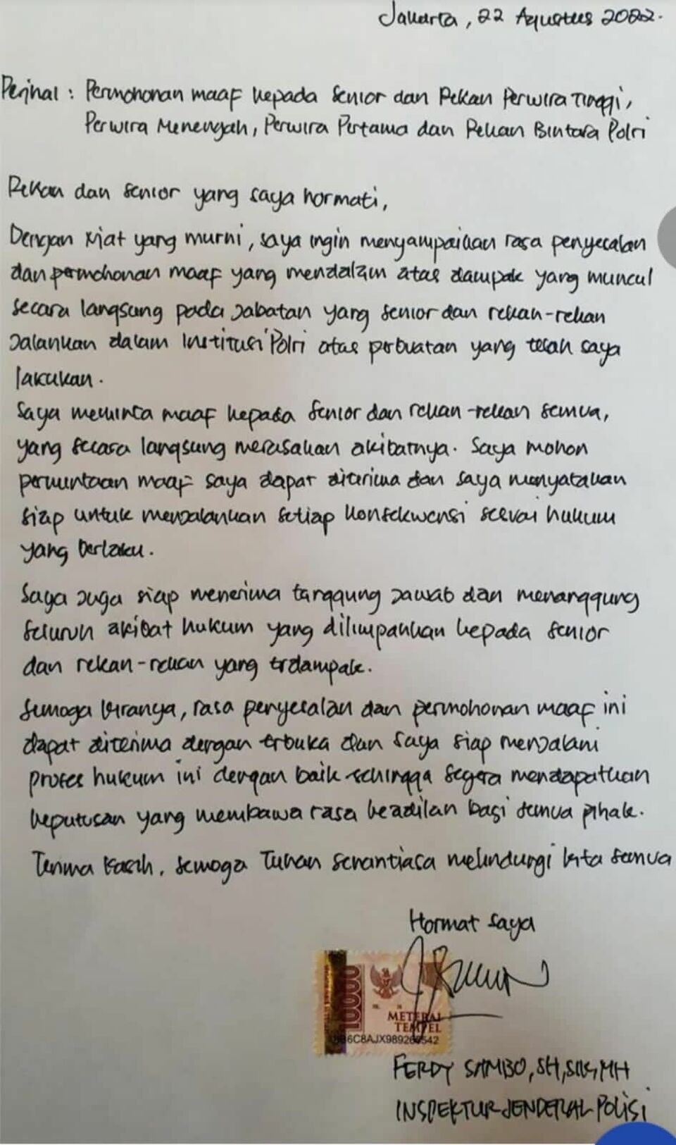 Irjen Ferdy Sambo Tulis Surat Sampaikan Permohonan Maaf