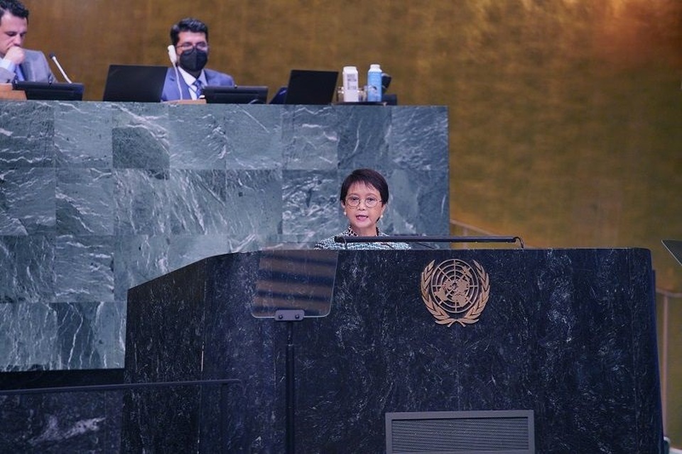 Menlu Retno Marsudi menyampaikan pidato pada Sidang Majelis Umum PBB ke-77 di New York, Amerika Serikat pada Senin 26 September 2022.