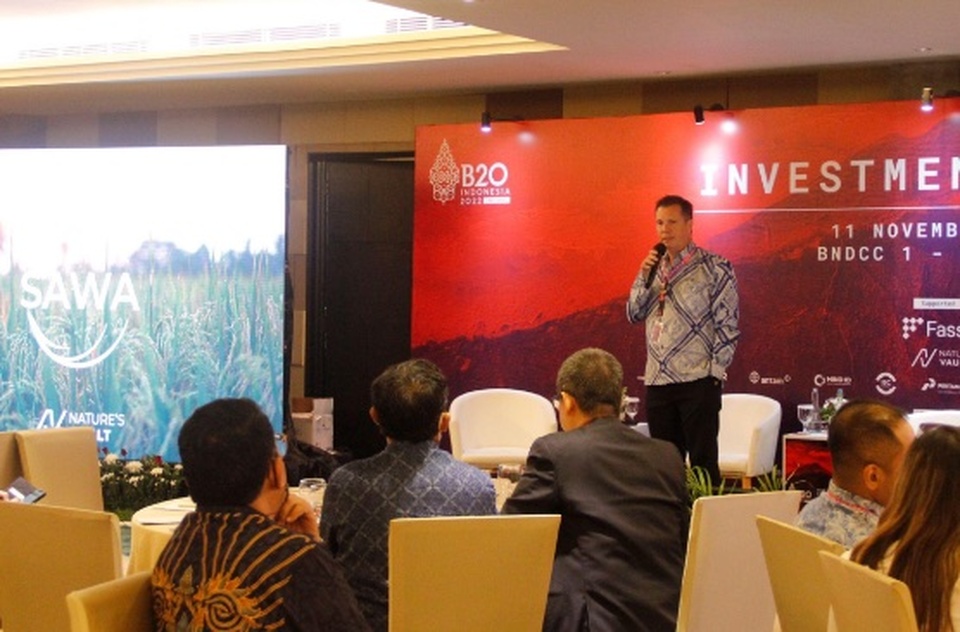 Perusahaan teknologi iklim berbasis di Singapura Nature’s Vault mengumumkan proyek penghilangan karbon yakni SAWA di acara B20 Investment Forum, Bali, Jumat 11 November 2022.