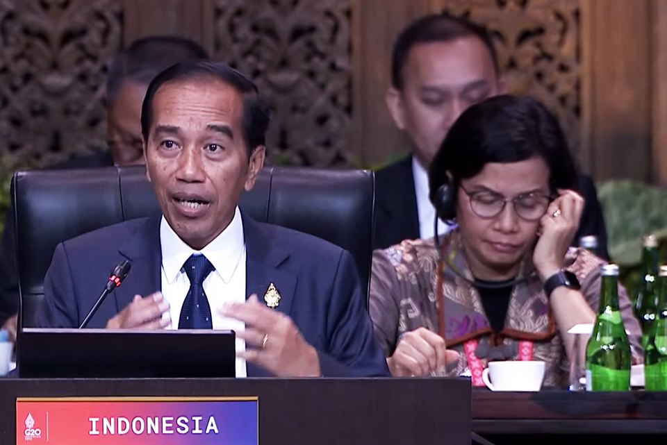 Presiden Joko Widodo (Jokowi) saat berpidato pada pembukaan KTT G20 di Nusa Dua, Bali, Selasa, 15 November 2022.