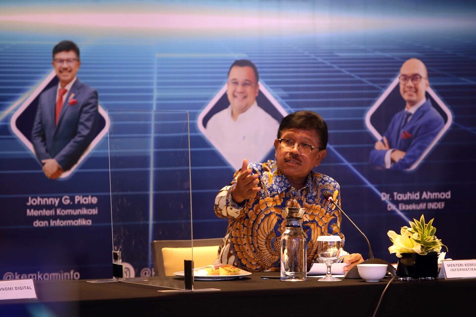 Menteri Komunikasi dan Informatika Johnny G. Plate saat acara Forum Ekonomi Digital Kominfo (FEDK), dengan tema Musim Dingin Starup Digital: Dampak dan Tantangan Terhadap Perkembangan Ekonomi Digital di Indonesia, di Jakarta, Kamis, 1 Desember 2022. Startup dituntut harus tangguh dan bisa tumbuh di tengah situsasi yang luar biasa berat.