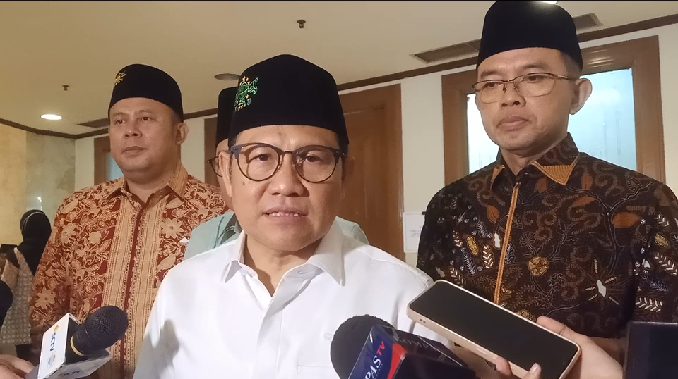 Ketum PKB Muhaimin Iskandar di sela-sela acara Sarasehan Nasional Satu Abad Nadhlatul Ulama di Hotel Grand Sahid Jaya, Jakarta, Senin (30/1/2023).