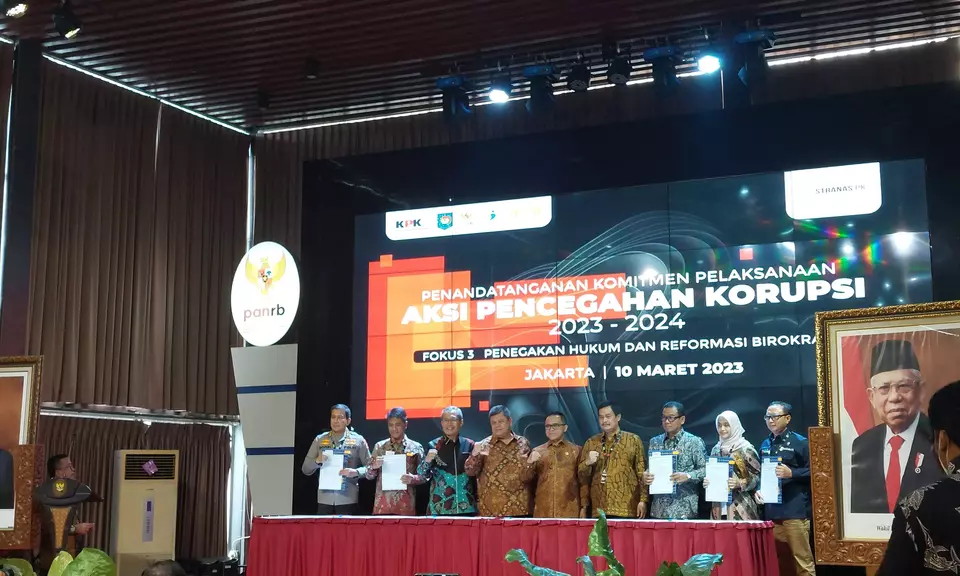Acara Penandatanganan Komitmen Pelaksanaan Aksi Pencegahan Korupsi Tahun 2023-2024 di KemenPAN dan RB, Jakarta, Jumat (10/3/2023).