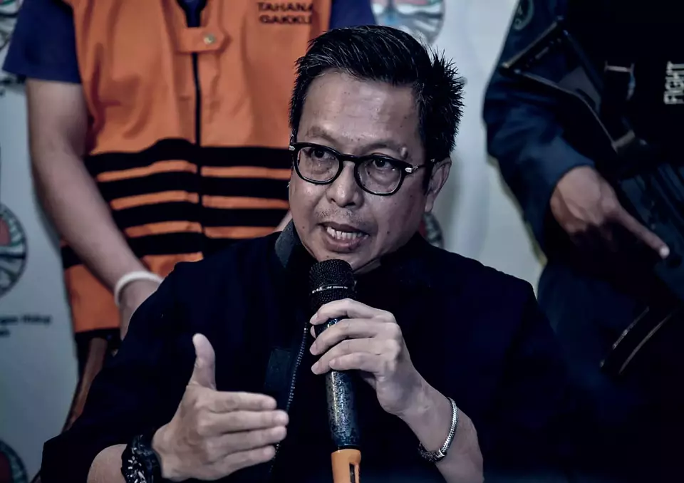 Dirjen Penegakan Hukum LHK, Rasio Ridho Sani, memberikan keterangan pers terkait Kasus Perambahan di Tahura BUkit Mangkol Bangka Belitung di Kementrian Lingkungan Hidup dan Kehutanan, Jakarta, Selasa (29/3/2023).