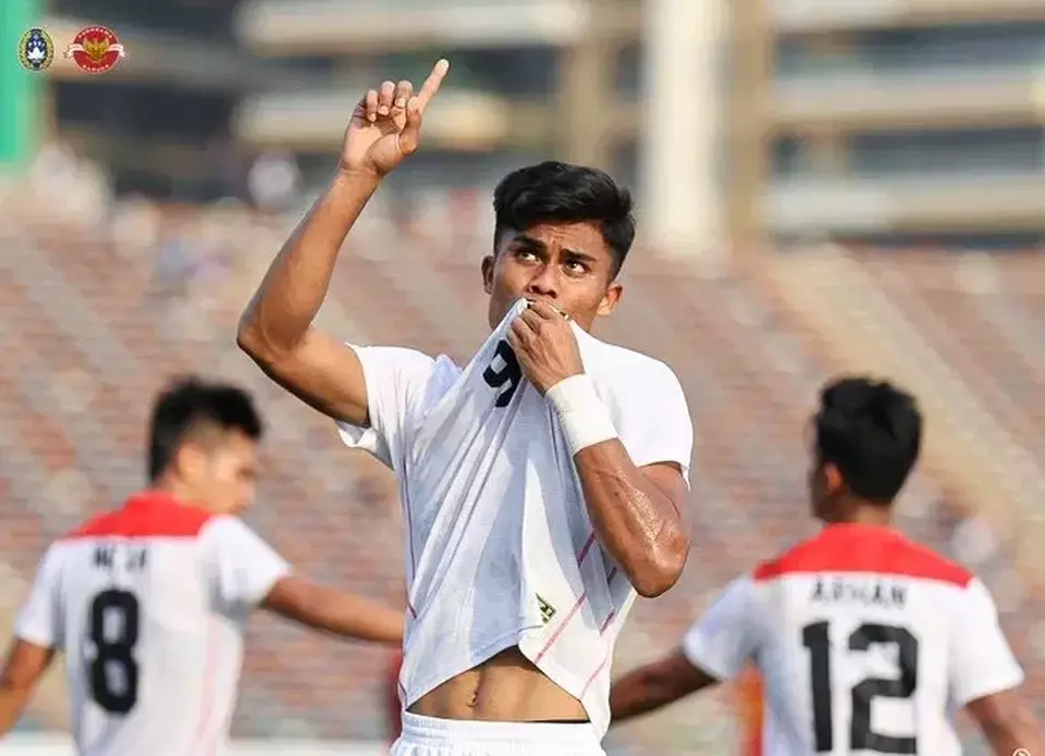Selebrasi striker Timnas U-22 Indonesia, Ramadhan Sananta.