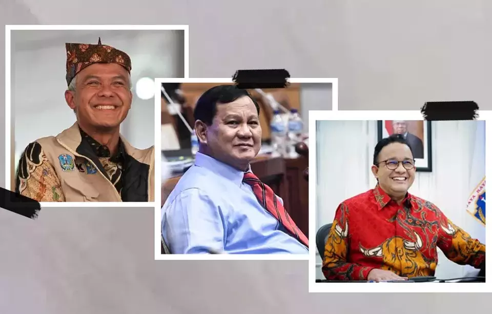 Ganjar Pranowo, Prabowo Subianto, dan Anies Baswedan.