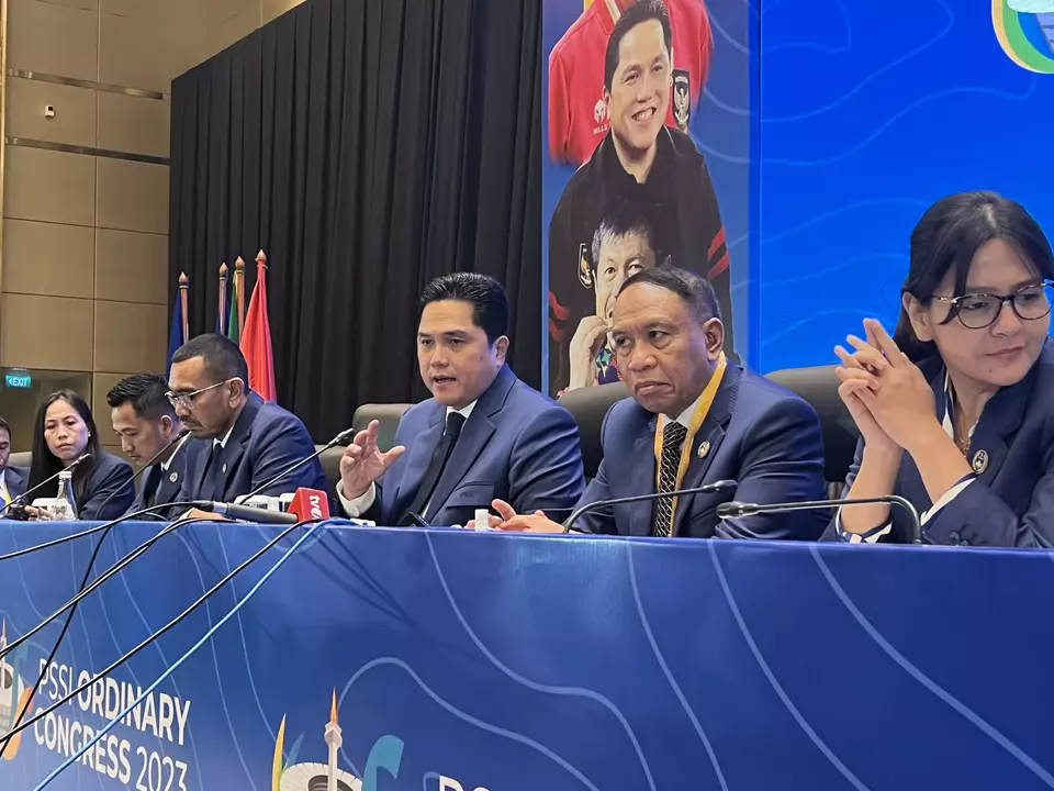 Ketua Umum Persatuan Sepakbola Seluruh Indonesia (PSSI) Erick Thohir di acara Kongres Biasa PSSI 2023 di Hotel Intercontinental Jakarta, Minggu 28 Mei 2023.