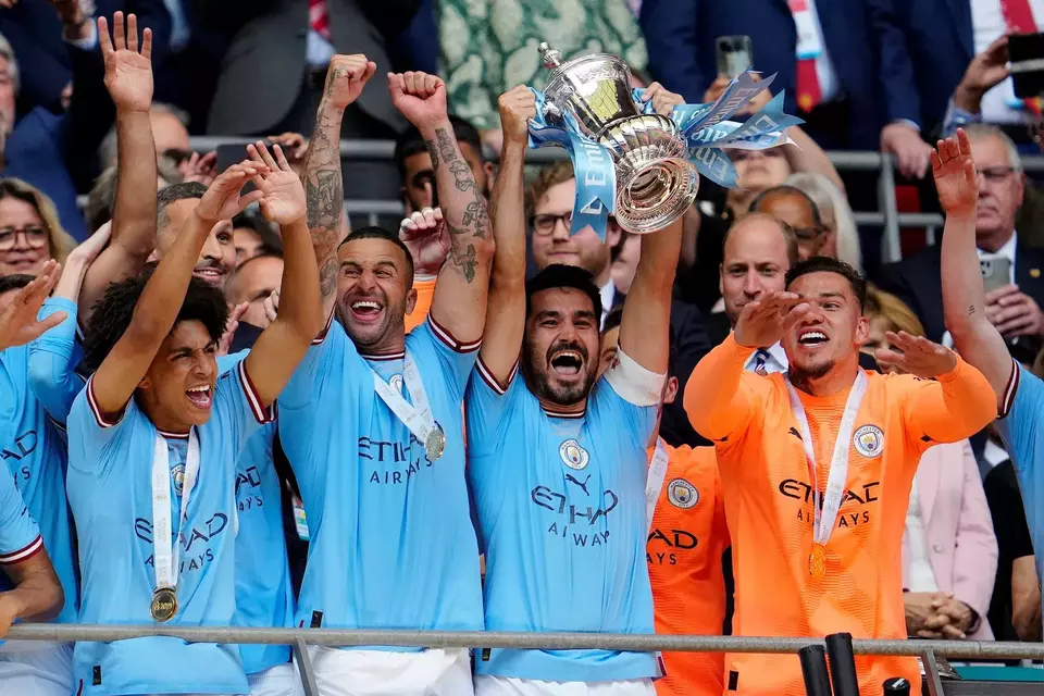 Selebrasi pemain Manchester City menjuarai Piala FA 2023.