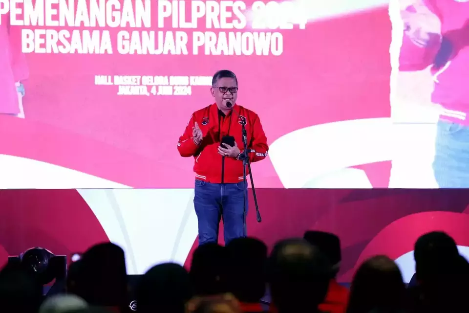 Sekjen PDIP Hasto Kristiyanto dalam acara Konsolidasi Akbar Pemenangan Pemilu Legislatif dan Pemilu Presiden 2024 yang digelar DPD PDIP DKI Jakarta, Minggu, 4 Juni 2023. 