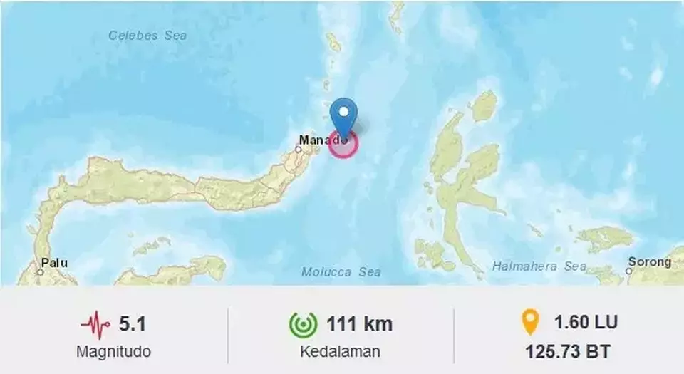 Gempa magnitudo 5,1 mengguncang Bitung, Sulawesi Utara, Minggu, 4 Juni 2023.
