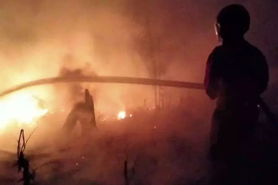 Petugas berupaya memadamkan api yang membakar hutan di Desa Tayem Timur, Kecamatan Karangpucung, Cilacap, Sabtu (5/8/2023). 