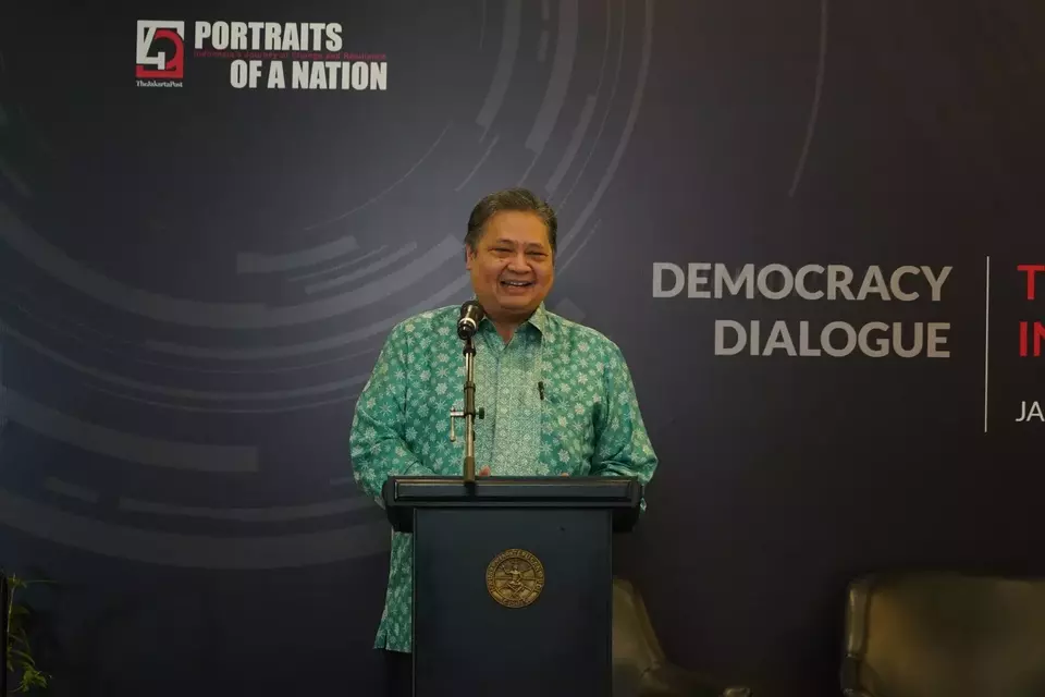 Menteri Koordinator Bidang Perekonomian Airlangga Hartarto dalam acara Democracy Dialogue yang diselenggarakan oleh The Jakarta Post, Senin 7 Agustus 2023.