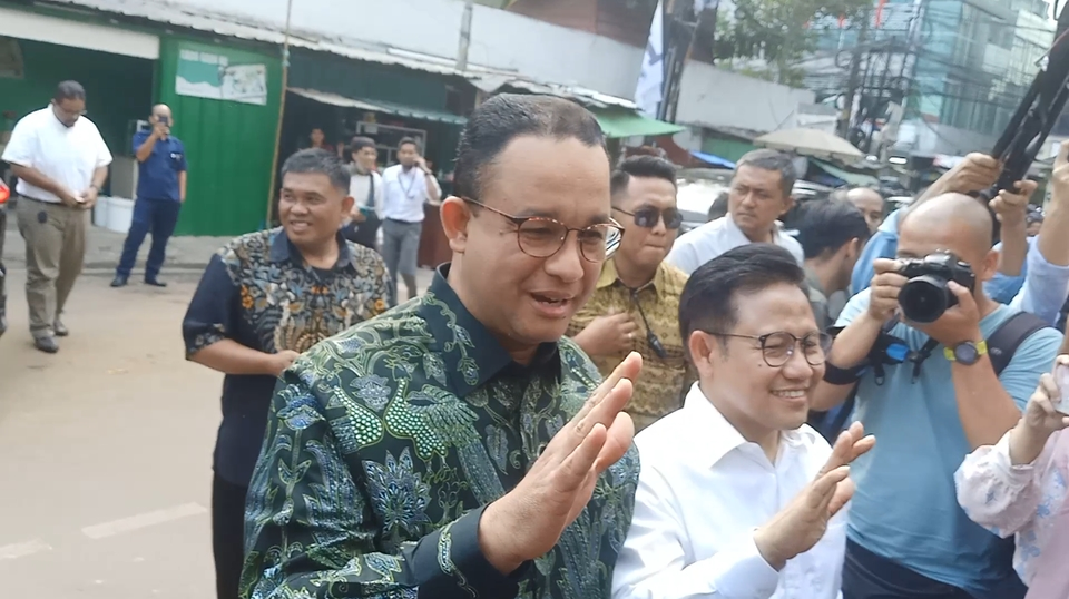Bakal capres Anies Baswedan disambut Ketua Umum PKB Muhaimin Iskandar atau Cak Imin di DPP PKB di Jalan Raden Saleh, Senen, Jakarta Pusat, Senin, 11 September 2023.