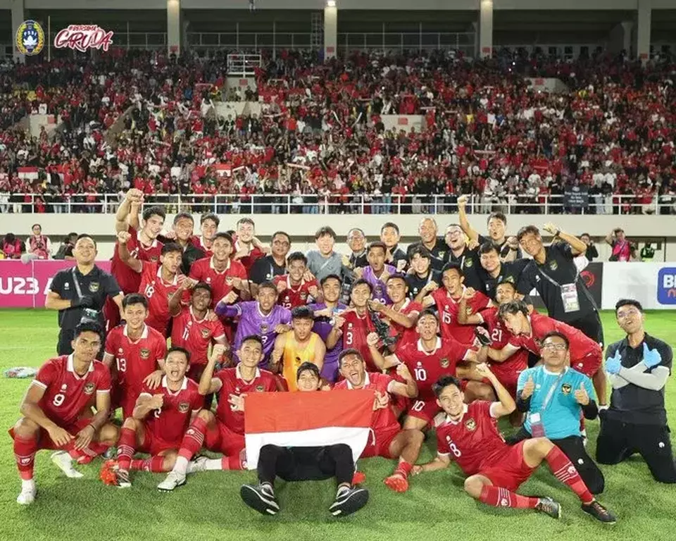 Selebrasi Timnas U-23 Indonesia seusai memastikan lolos ke putaran final Piala Asia U-23.