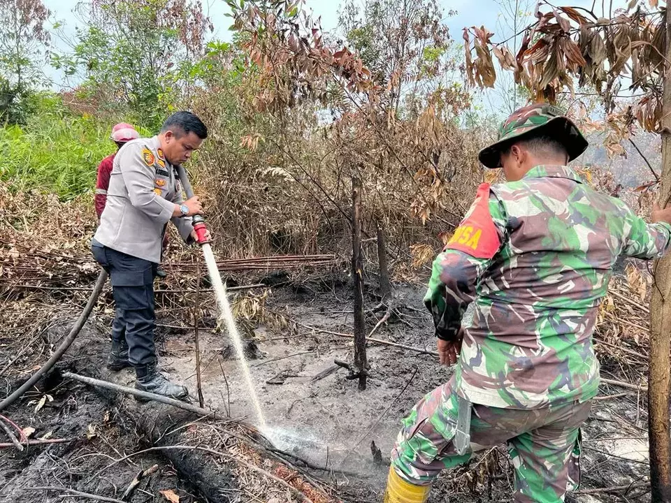 Satgas Karhutla dan polisi berupaya memadamkan kebakaran hutan dan lahan (karhutla) di wilayah Rimbo Panjang, Kecamatan Tambang, Kabupaten Kampar, Riau beberapa waktu lalu. 