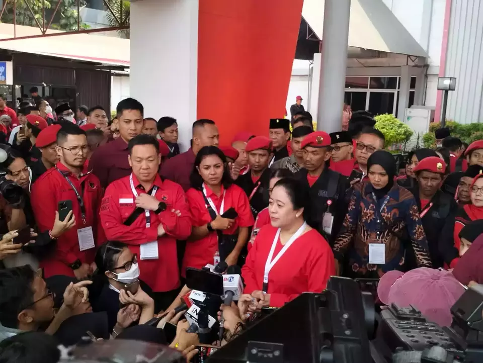 Ketua DPP PDIP Bidang Politik dan Keamanan Puan Maharani di sela-sela Rakernas IV PDIP di JI-Expo Kemayoran, Jakarta, Sabtu, 30 September 2023.