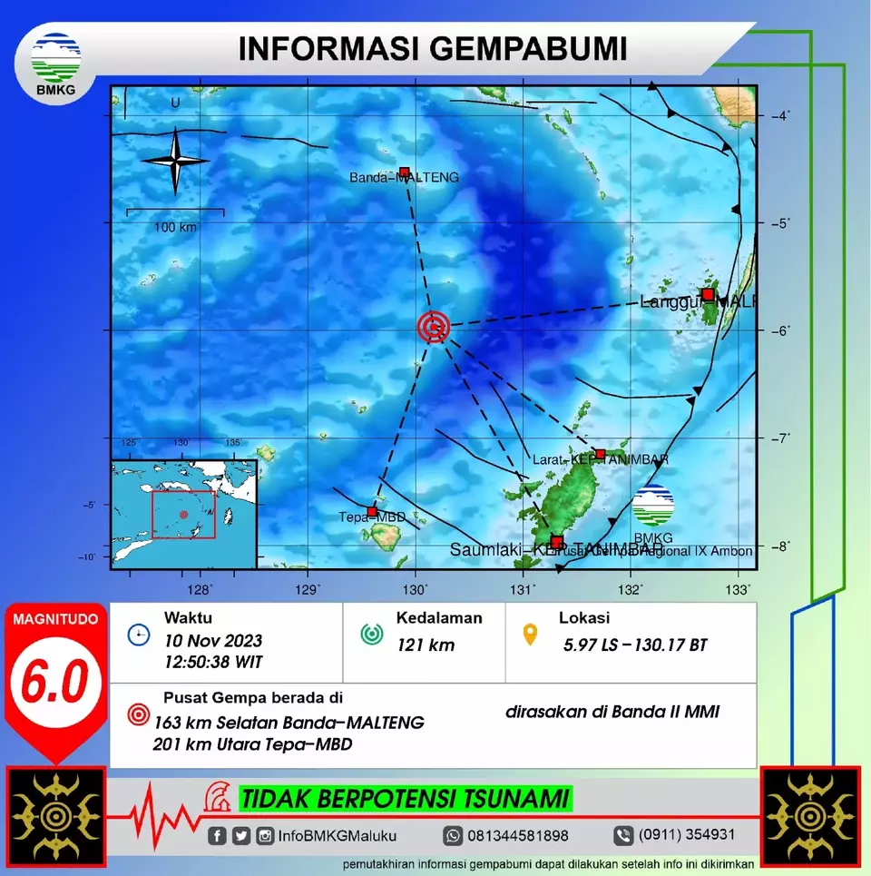 Gempa dengan magnitudo 6,0 mengguncang Maluku Tengah, Maluku pada Jumat (10/11/2023).