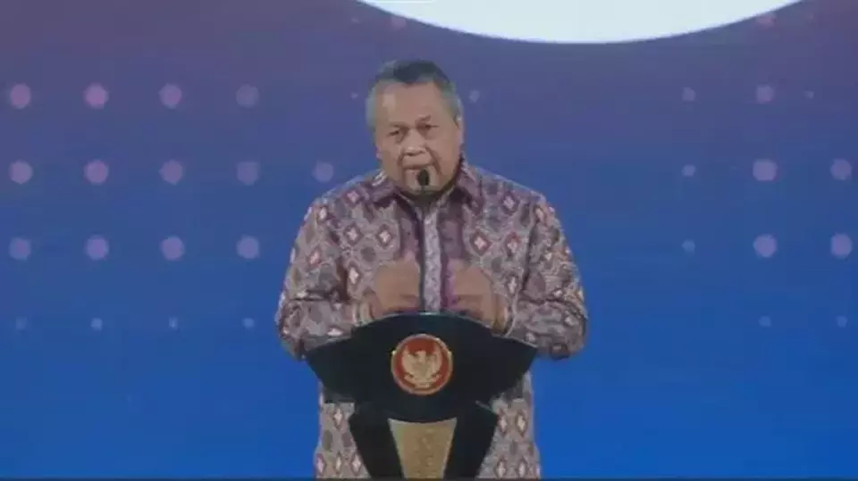 Gubernur Bank Indonesia Perry Warjiyo memberi sambutan dalam acara Pertemuan Tahunan Bank Indonesia 2023, di Jakarta, Rabu, 29 November 2023. 