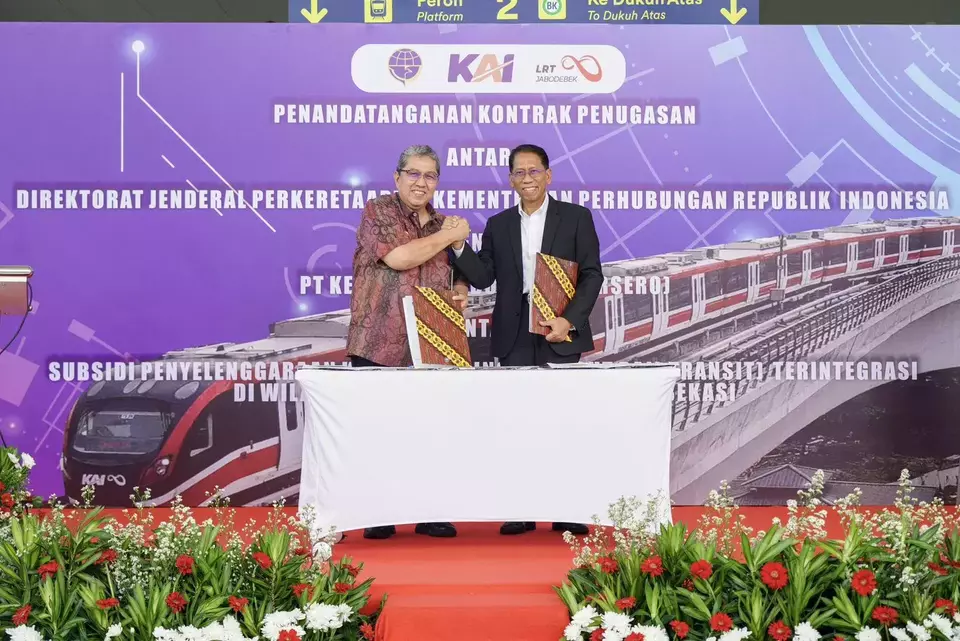 Penandatanganan Kontrak Subsidi Penyelenggaraan Kereta Api Ringan (LRT) Terintegrasi di Jabodebek Tahun 2023, Kamis 7 Desember 2023, di Stasiun LRT Jabodebek Halim, Jakarta.