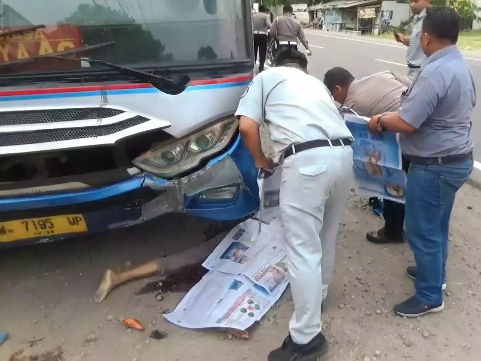 Bus Sumber Selamat jurusan Surabaya-Jogja menabrak pasangan suami istri yang mengendarai motor di Desa Jenggrik, Kecamatan Kedunggalar, Kabupaten Ngawi, pada Kamis, 28 Desember 2023.