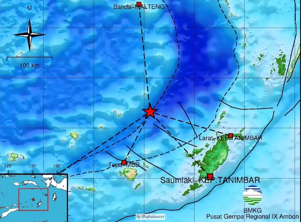 Gempa bumi dengan magnitudo 5,1 mengguncang laut Maluku Barat Daya dan laut Kepulauan Tanimbar, Maluku pada Selasa (2/1/2024) pukul 08.10 Wit.