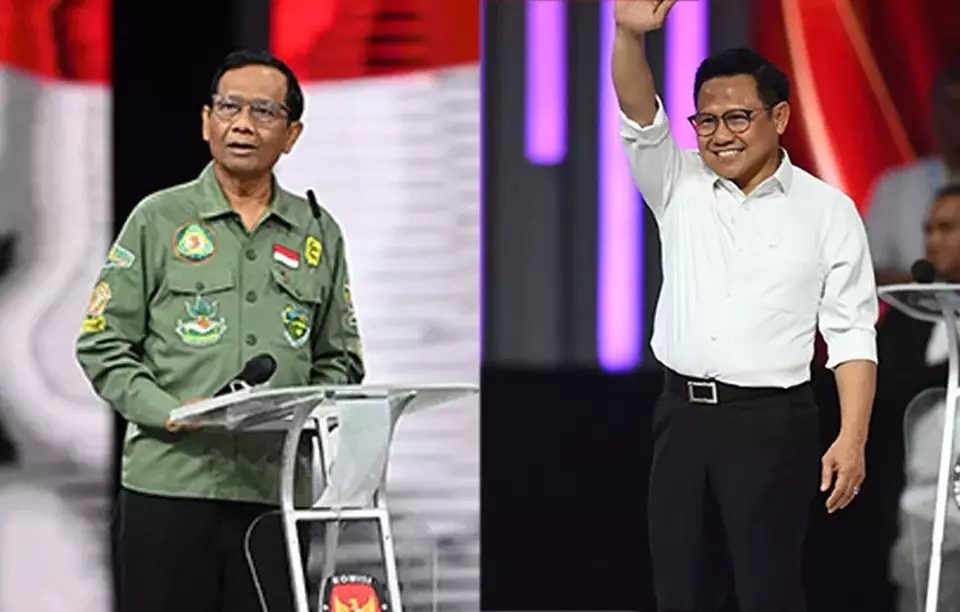 Cawapres nomor urut 03 Mahfud MD (kiri) dan Muhaimin Iskandar dalam debat cawapres 2024 di Jakarta Convention Center (JCC), Jakarta, Minggu, 21 Januari 2024.