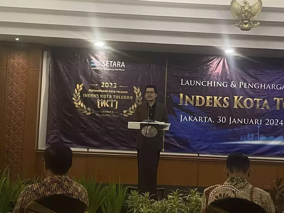 Ketua Badan Pengurus Setara Institute, Ismail Hasani dalam acara Launching & Penghargaan Indeks Kota Toleran (IKT) 2023 di Jakarta Selatan, Selasa, 30 Januari 2024.