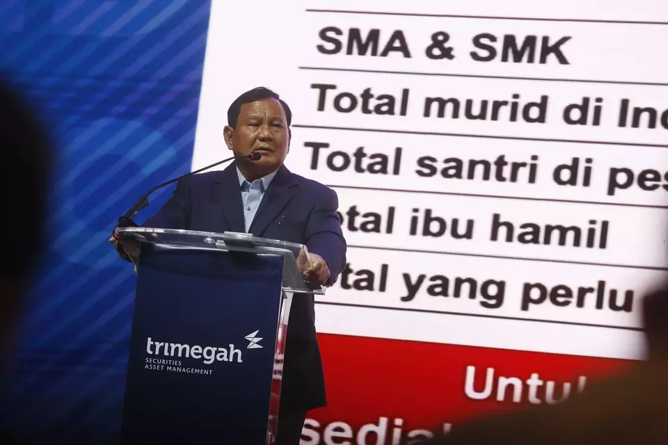 Calon presiden Prabowo Subianto, menjadi keynote speech, di acara Trimegah Political and Economic Outlook 2024 dengan tema “The Urgency to Ignite Growth”, Jakarta, Rabu, 31 Januari 2024.