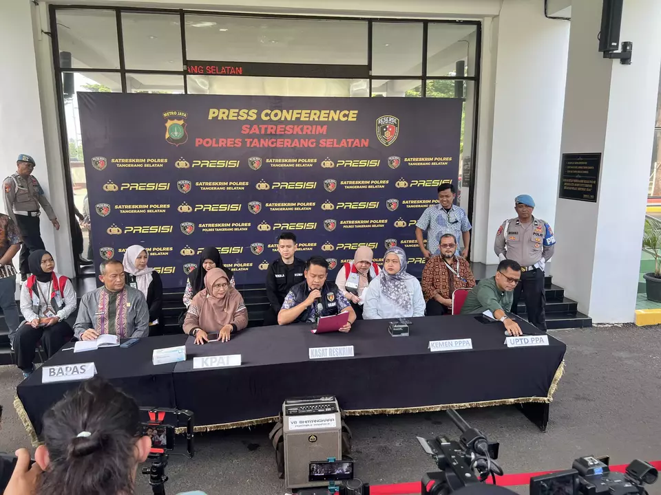 Konferensi pers terkait kasus bullying di Binus School Serpong di Mapolres Tangsel, Jumat 1 Maret 2024.