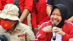 Kemensos Tri Rismaharani saat mengunjungi kegiatan PDIP di Cibinong, Kabupaten Bogor, Kamis, (26/8/2022).