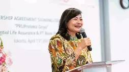 Chief Partnership Distribution Officer Prudential Indonesia Ivy Widjaja dalam peluncuran dan penandatanganan kerjasama PRUProteksi Griya di Jakarta, Kamis (13/4/2023).