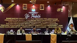 Komisi Pemilihan Umum mengadakan uji publik terhadap tiga rancangan peraturan untuk persiapan pemilihan umum (Pemilu) 2024, di Hotel Grand Mercure Harmoni Jakarta, Sabtu (27/5/2023). 