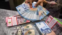 Petugas menunjukkan pecahan mata uang Rupiah dan Dolar Amerika Serikat (AS) di Kantor Cabang BNI Pasar Baru, Jakarta, Kamis (15/1/2026). (ANTARA FOTO/Muhammad Adimaja)