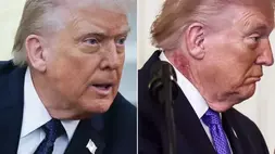 Presiden Amerika Serikat (AS) Donald Trump difoto pada Selasa (3/3/2026) (kiri); Trump sehari sebelumnya (kanan).