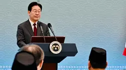 Presiden Korea Selatan Lee Jae Myung saat menerima Presiden Prabowo Subianto di Istana Kepresidenan Republik Korea, Cheong Wa Dae (Blue House), Rabu (1/4/2026). (Foto: BPMI Setpres)