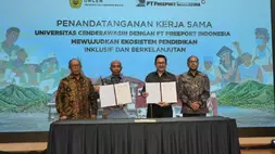 Penandatanganan Nota Kesepahaman (MoU) dan Perjanjian Kerja Sama (PKS) untuk membangun ekosistem pendidikan yang inklusif dan berkelanjutan di Papua, bersamaan dengan Kuliah Umum oleh Presiden Direktur PTFI di Gedung Sains dan Kemitraan UNCEN di Jayapura, Rabu, 11 Maret 2026. (Freeport)