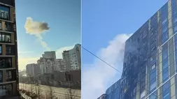 Sebuah drone Ukraina menghantam gedung apartemen bertingkat di Yekaterinburg, kota terbesar keempat di Rusia pada Sabtu (25/4/2026). (Foto: X/ @Maks_NAFO_FELLA)