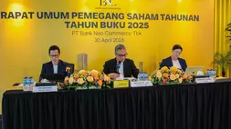 Direktur Utama BNC Eri Budiono (kiri), Komisaris Utama BNC Inkawan D. Jusi (tengah), dan Komisaris BNC Kreisna D. Gozali (kanan) pada saat RUPST Tahun Buku 2025 BNC. (ist)