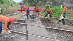 Petugas KAI sedang menutup perlintasan kereta api liar yang dinilai berbahaya bagi keselamatan perjalanan kereta dan pengguna jalan. 
