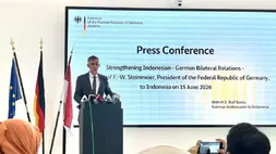 Duta Besar Jerman untuk Indonesia Ralf Beste menyampaikan pernyataannya dalam konferensi pers di Kedutaan Besar Jerman di Jakarta, Jumat (12/6/2026). (Foto: ANTARA/Nabil Ihsan)