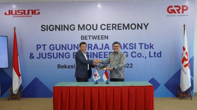 PT Gunung Raja Paksi Tbk (GRP) menandatangani nota kesepahaman (memorandum of understanding/MoU) dengan Jusung Engineering Co Ltd, perusahaan asal Korea Selatan, untuk memenangkan dua dari tiga proyek penyediaan air minum daerah Karian-Serpong. (ist)