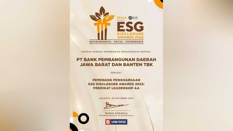 Bank Bjb Raih Penghargaan ESG Disclosure Awards 2022