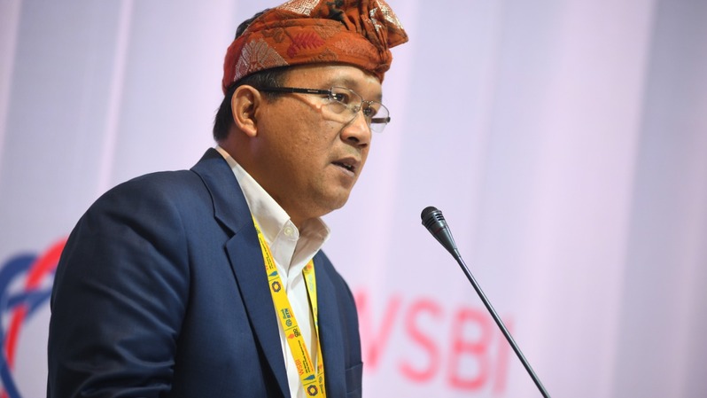Direktur Utama bank BTN Haru Koesmahargyo, saat berikan sambutan dalam acara World Saving Bank Institute (WSBI) di Bali, (Foto: Buniverse, Imam Mudzakir)
