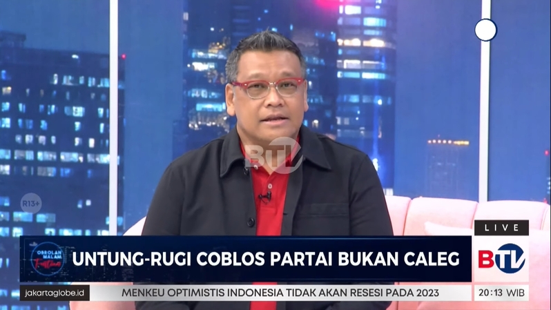 Ketua DPP PDIP Bidang Pemuda dan Olahraga Eriko Sotarduga dalam program Obrolan Malam fristian bertajuk "Untung-Rugi Coblos Partai Bukan Caleg" yang disiarkan di BTV, Senin, 9 Januari 2023.