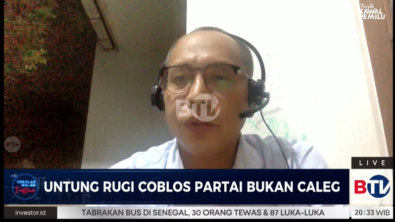 Pengamat politik Universitas Gadjah Mada (UGM) Mada Sukmajati dalam program Obrolan Malam Fristian bertajuk "Untung-Rugi Coblos Partai Bukan Caleg" yang disiarkan di BTV, Senin, 9 Januari 2023.