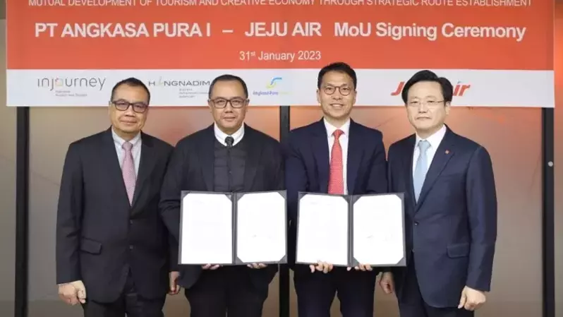 PT Angkasa Pura I menutup Januari 2023 dengan menjalin kerja sama dengan maskapai penerbangan asal Korea Selatan, Jeju Air. (Ist)