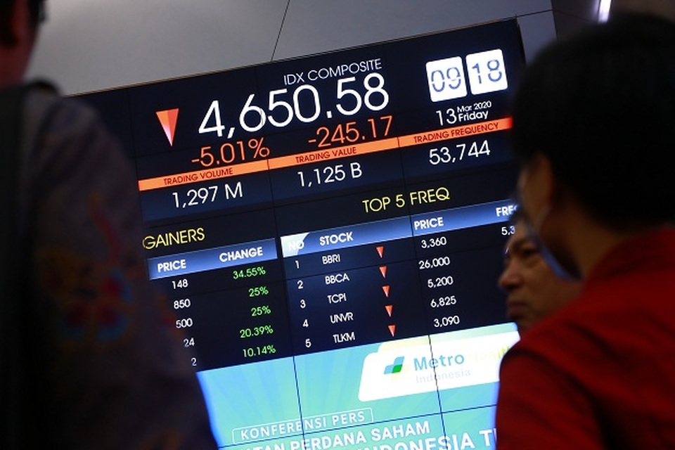 Pengunjung melihat papan perdagangan saham di Bursa Efek Indonesia, di Jakarta, Jumat (13/3/2020). BeritaSatu Photo/Mohammad Defrizal