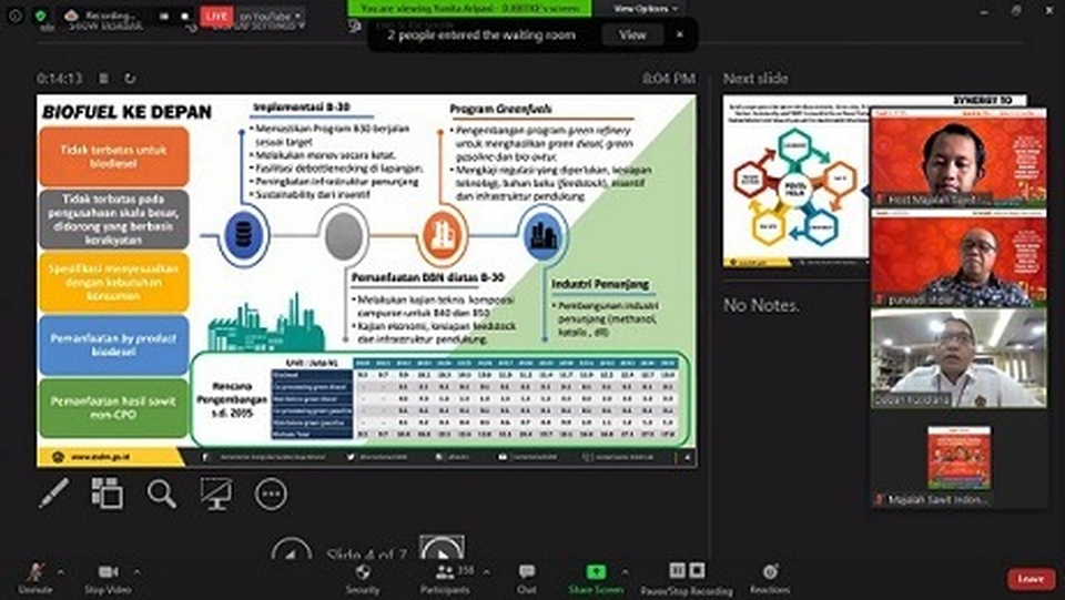Dialog Webinar  bertemakan Masa Depan Biodiesel Indonesia: Bincang Pakar Multi Perpspektif yang diselenggarakan Majalah Sawit Indonesia, Rabu (16/12/2020). 
