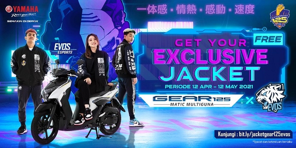 Jaket yang ditujukan untuk generasi milenial ini bisa didapatkan setiap pembelian satu unit motor Yamaha GEAR 125 Standart version dan S version di dealer Yamaha periode 12 April - 12 Mei 2021.